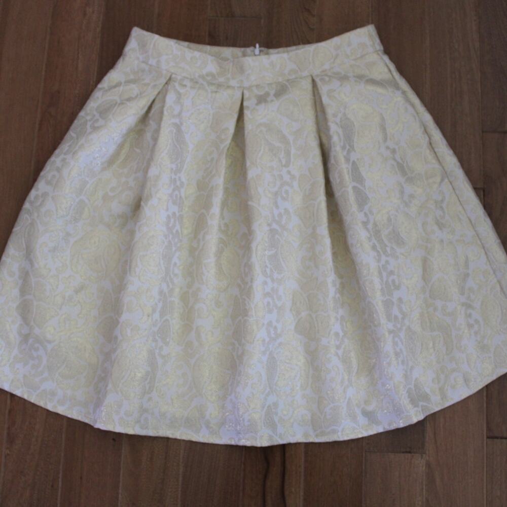 Gibson A Line Pleated Full Knee Length Skirt Cream Pink Jacquard Medium